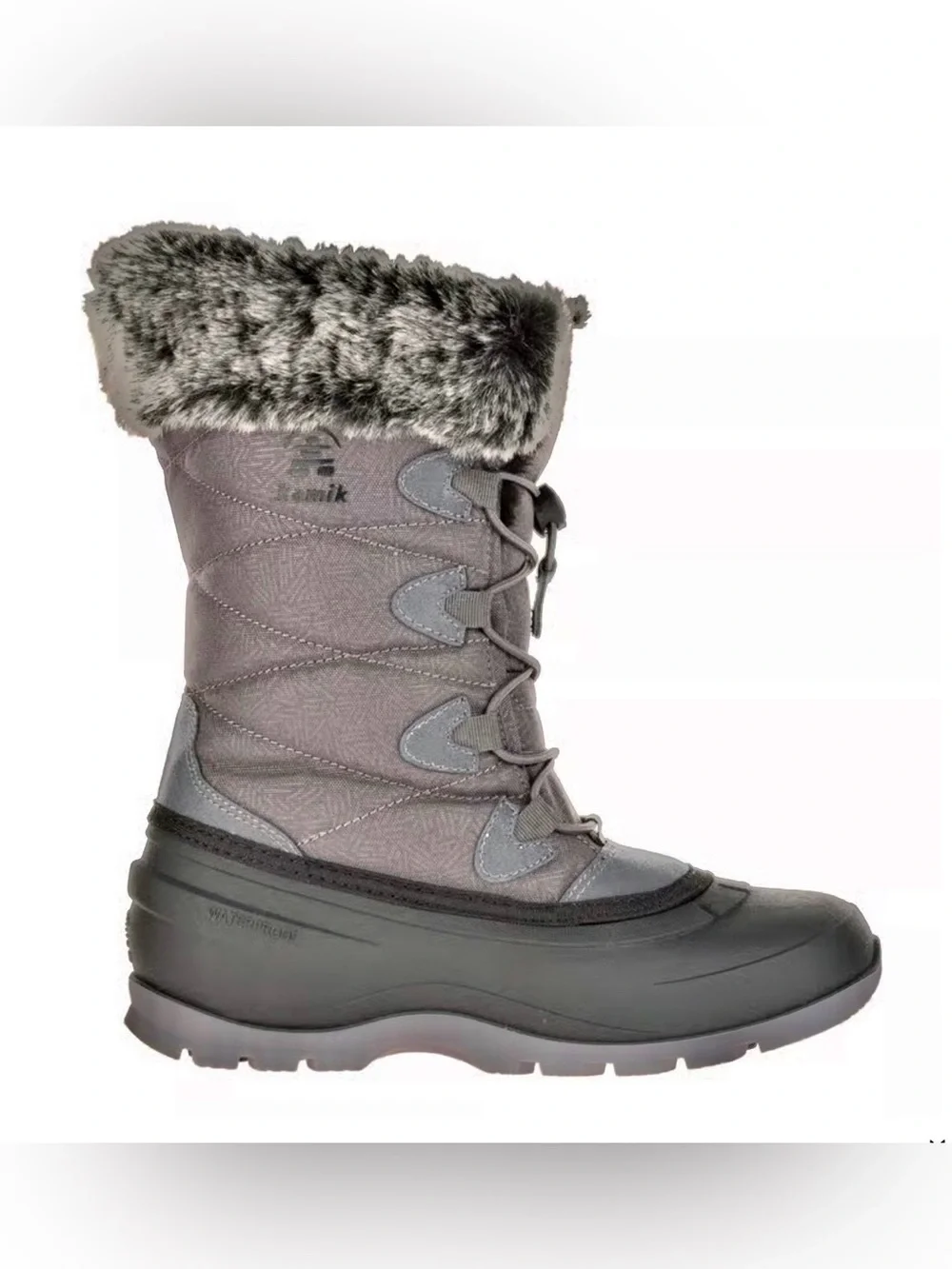 Kamik Women’s Gray and Black Insulated Winter Boots with Faux Fur Cuff brand new